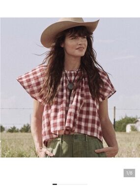 THE GREAT. Red Plaid Short-Sleeve Crop Top dale top